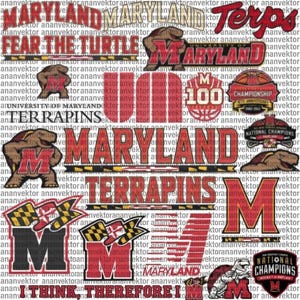 Könnte beinhalten: Eine digitale Collage mit Grafiken der University of Maryland Terrapins, einschließlich der Texte Maryland, Terrapins, Fear The Turtle und I Think Therefore I, sowie Schildkröten-Maskottchen, dem Buchstaben M und Meisterschaftsemblemen.