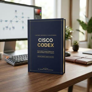 May include: A navy blue hardcover book titled Cisco Codex, A Network Engineer's Field Reference, with gold lettering. The cover includes the subtitle The Complete Command Reference for CCNA Candidates & Network Engineers, plus 500+ Commands.
