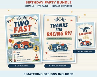 Two Fast Birthday Invitation Bundle, Editable Race Car Canva Template, Thank You Card & Favor Tag