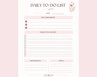 Daily To Do List Printable, Pink Daily Planner PDF, Priority Checklist, Instant Download