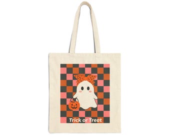 Ghost Pumpkin Tote Bag | Checkerboard Halloween Trick or Treat Canvas Bag