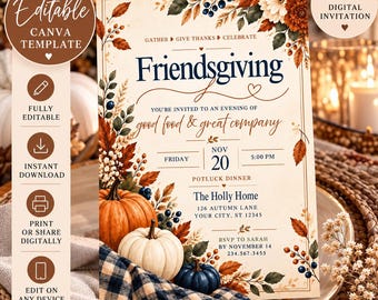 Editable Friendsgiving Invitation Template, Fall Pumpkin Dinner Invite, Canva 5x7 Digital Download