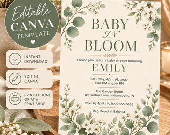 Baby in Bloom Baby Shower Invitation, Editable Canva Template, Sage Green Floral Invite, Neutral Printable Baby Shower