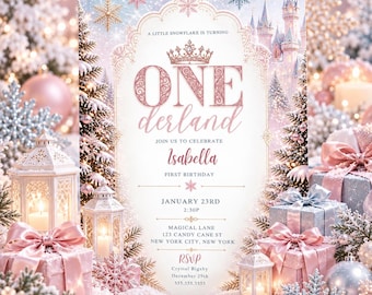 Winter ONEderland First Birthday Invitation, Editable Canva Template, Pink Snowflake Invite, Digital Download