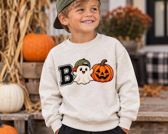 Boys Halloween Sweatshirt, BOO Ghost Pumpkin Crewneck, Toddler Pullover