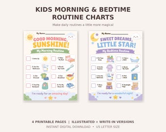 Kids Morning & Bedtime Routine Charts, Illustrated Visual Schedule (4 Page PDF Bundle)