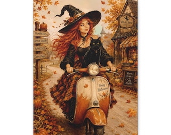 Vintage Halloween Witch Canvas, Autumn Village, Black Cat Decor (12"x16")