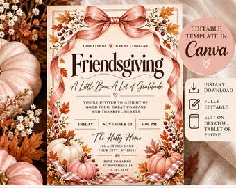 Editable Friendsgiving Invitation, Pink Bow Thanksgiving Invite, Coquette Fall Dinner Party, Canva Digital Template