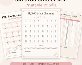 Savings Challenge Printable Bundle, 500, 1000, 52-Week Tracker (PDF Download)