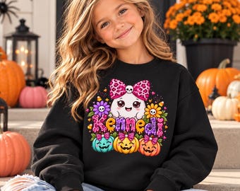 Personalized Girls Halloween Sweatshirt, Custom Name Ghost Pumpkin Pullover