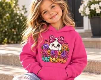 Personalized Girls Halloween Hoodie, Custom Name Ghost Pumpkin Sweatshirt, Pink Leopard Bow