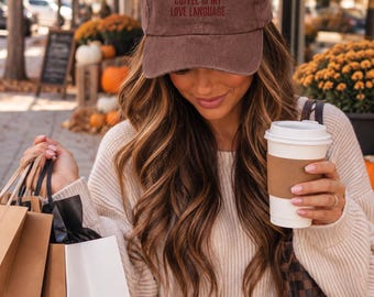 Embroidered Corduroy Baseball Cap, Coffee Lover Gift, Vintage Style Hat