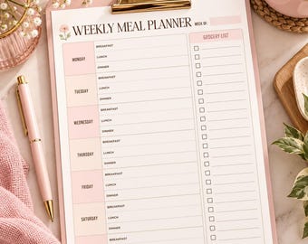 Blush Pink Weekly Meal Planner, Grocery List Template (Digital Download)