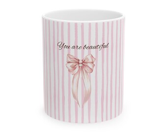 Pink Striped Bow Coffee Mug, You Are Love, Coquette Gift for Her