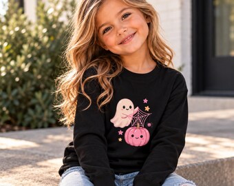 Girls Halloween Shirt, Pink Pumpkin Ghost Long Sleeve Tee, Pastel Spooky Fall Outfit