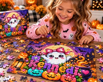 Personalized Halloween Puzzle, Custom Name Ghost & Pumpkin Jigsaw (110-1014 Pieces)