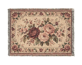 Vintage Floral Woven Blanket, Cottagecore Rose Throw, Romantic Tapestry Blanket, Antique Style Home Decor