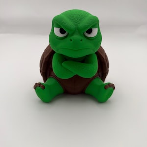 May include: A small, green turtle figurine with a brown shell, depicted in a seated position with arms crossed over its chest. The turtle has a textured green head, white eyes with black pupils, and a stern, frowning facial expression.