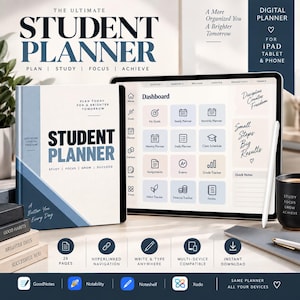 May include: A digital student planner for iPad, tablet, and phone featuring a dashboard with icons for goals, yearly and monthly planners, class schedules, assignments, exams, grade trackers, and habit trackers. Includes text: The Ultimate Student Planner.