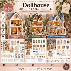 Pode incluir: Um pacote de casas de bonecas imprimíveis em 3D com três modelos distintos: uma casa vitoriana simples, uma cabana e uma villa vitoriana. Cada casa inclui diagramas de montagem detalhados, plantas e listas de componentes.
