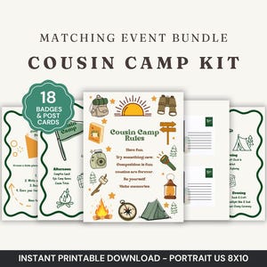 May include: A matching event bundle titled Cousin Camp Kit, featuring 18 badges and postcards. The printable set includes a rules sheet with camping illustrations like a tent, campfire, compass, and binoculars, plus activity pages in 20x25 cm.