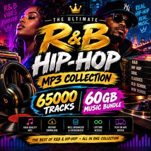 Puede incluir: Una colección de música digital titulada The Ultimate R&B Hip-Hop MP3 Collection con 65,000 pistas y un paquete de 60GB. El gráfico incluye imágenes de una persona, auriculares y un tocadiscos con texto sobre la calidad de los archivos MP3.