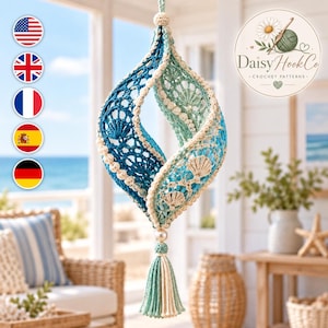 Crochet Wind Spinner Pattern PDF, Seaglass Nautilus Hanging Ornament with Seashell Motifs, Coastal Window Decor for Experienced Makers