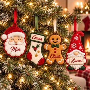 May include: Four felt Christmas ornaments hanging on a tree: a Santa face with the name Mia, a stocking with the name Emma, a gingerbread person with the name Oliver, and a gnome holding a sign with the name Lucas, all featuring red and green.