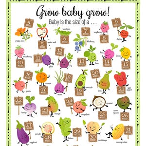 Puede incluir: Un colorido póster educativo titulado "Grow baby grow!" muestra frutas y verduras que representan el tamaño del bebé por semana. Cada ilustración tiene una cara sonriente y un letrero que indica la semana de embarazo, desde la semilla de amapola hasta la calabaza.