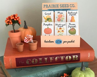 DIGITAL FILE: 6 mini harvest seed packets with stand, miniature seed packets, Harvest, Thanksgiving Decor, paper crafting kit, pumpkin, mums