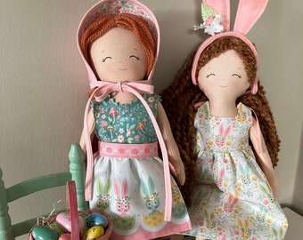 Limited edition Easter sundress, romper, bonnet, apron, and bunny ears fabric kit for Prairie Lasses soft dolls