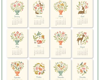 2024 Wildwood Dwelling Calendar, nature theme, woodland theme, potted flowers, quail, squirrel, rabbit, deer, bunny, flowers, bouquets