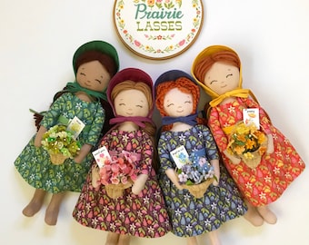 Prairie Lasses Dress and Bonnet PDF pattern for 12" doll, rag doll clothing pattern