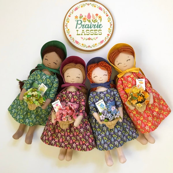 Prairie Lasses Dress and Bonnet PDF pattern for 12" doll, rag doll clothing pattern