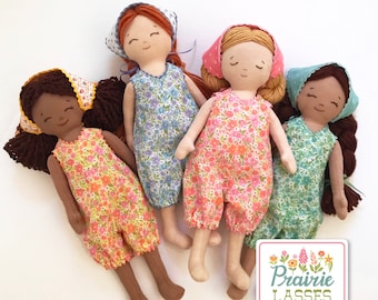 Prairie Lasses Romper and Reversible Headscarf PDF pattern for 12" soft doll