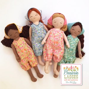 Prairie Lasses Romper and Reversible Headscarf PDF pattern for 12" soft doll, rag doll clothes