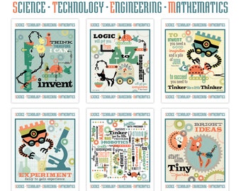 Six PDF Printable STEM Posters—Set 1: Words representing science, technology, engineering and robotics/ tinker, create, imagine, build