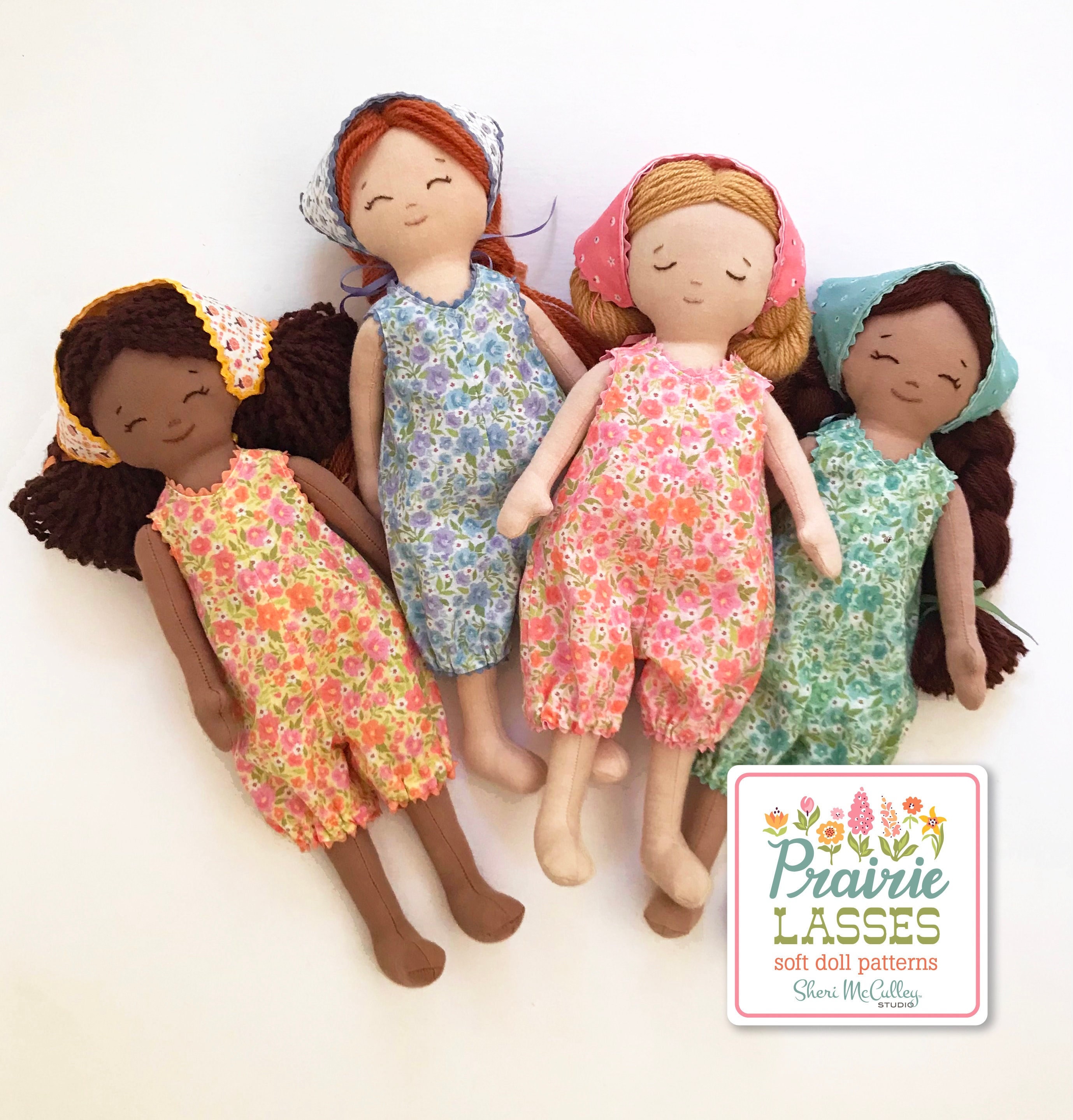 Prairie Lasses Romper and Reversible Headscarf PDF pattern for 12" soft doll, rag doll clothes