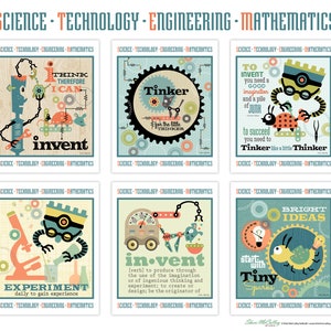 Six PDF Printable STEM Posters—Set 2: Words representing science, technology, engineering and robotics/ tinker, create, imagine, build