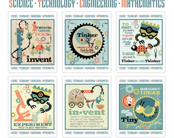 Six PDF Printable STEM Posters—Set 2: Words representing science, technology, engineering and robotics/ tinker, create, imagine, build