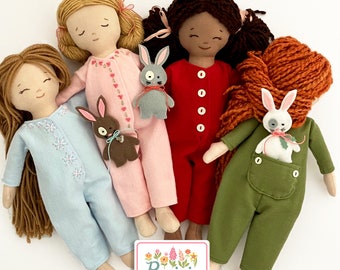 Prairie Lasses Union Suit and Soft Bunny PDF pattern for 12" doll, rag doll clothing pattern