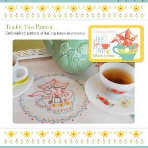 Foxes, Teacup, Tea, Embroidery Pattern PDF Tea For Two Foxes in a Teacup image 3