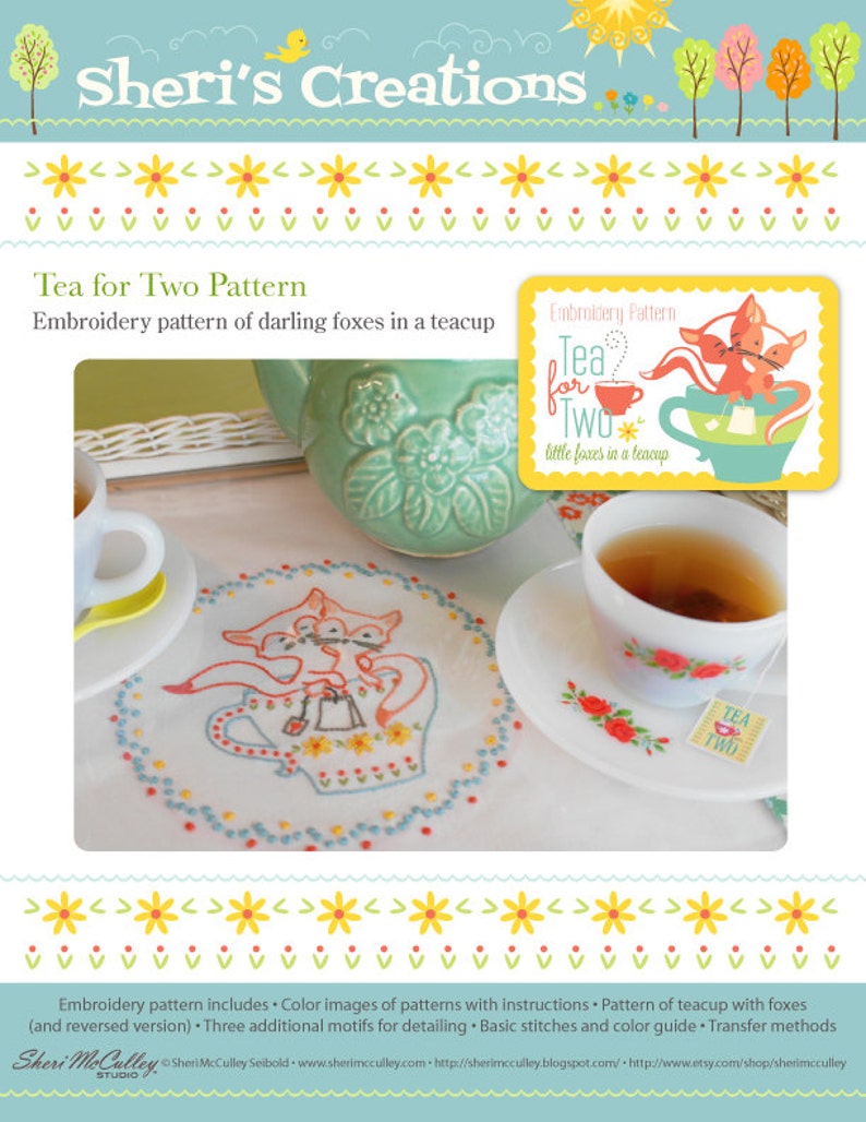 Foxes, Teacup, Tea, Embroidery Pattern PDF Tea For Two Foxes in a Teacup image 3