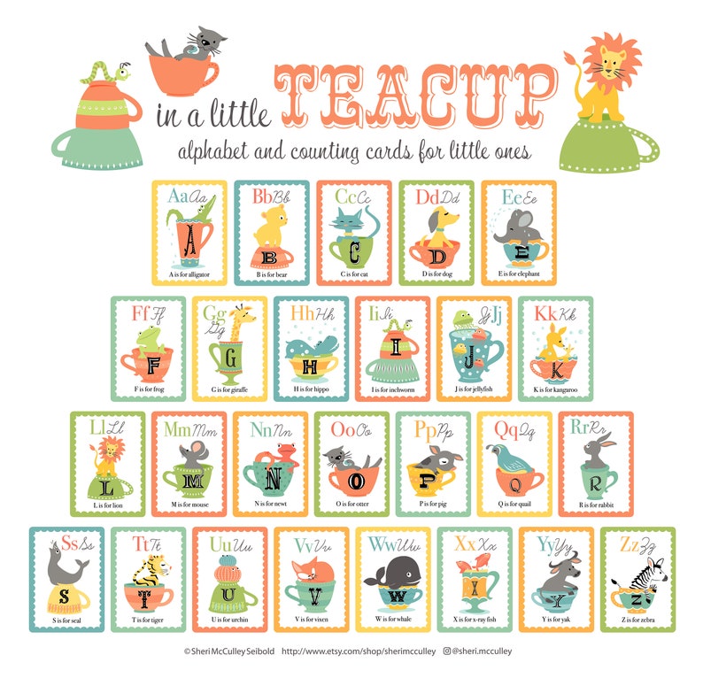 PDF Printable Teacup Animal Alphabet And Counting Card Set Etsy