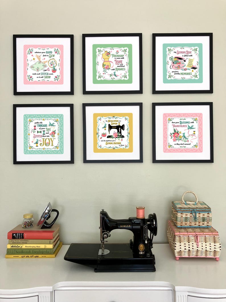 Sewing Theme Graphics 12 X 12 Sewing Theme Wall Art, Vintage-style Hanky Art, Retro Art ...