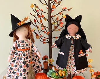Halloween kit for soft rag doll, Prairie Lasses Halloween outfit, Witch, Black Cat, Autumn