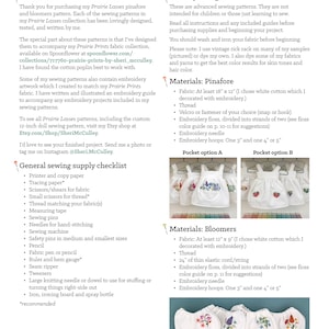 May include: A sewing pattern for a pinafore and bloomers for a doll. The pattern includes instructions for embroidery and a list of materials needed. The image shows a white cotton pinafore and bloomers with embroidered flowers and strawberries.