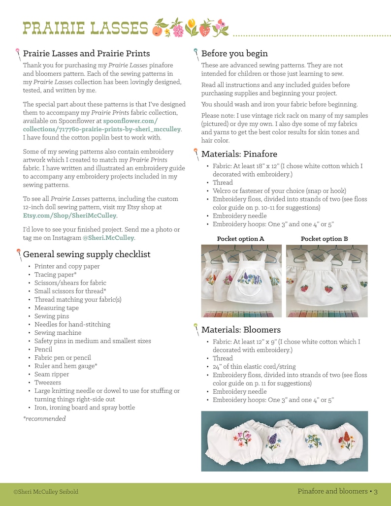 May include: A sewing pattern for a pinafore and bloomers for a doll. The pattern includes instructions for embroidery and a list of materials needed. The image shows a white cotton pinafore and bloomers with embroidered flowers and strawberries.