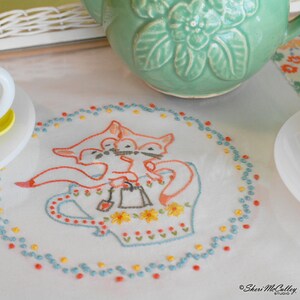 Foxes, Teacup, Tea, Embroidery Pattern PDF Tea For Two Foxes in a Teacup image 2