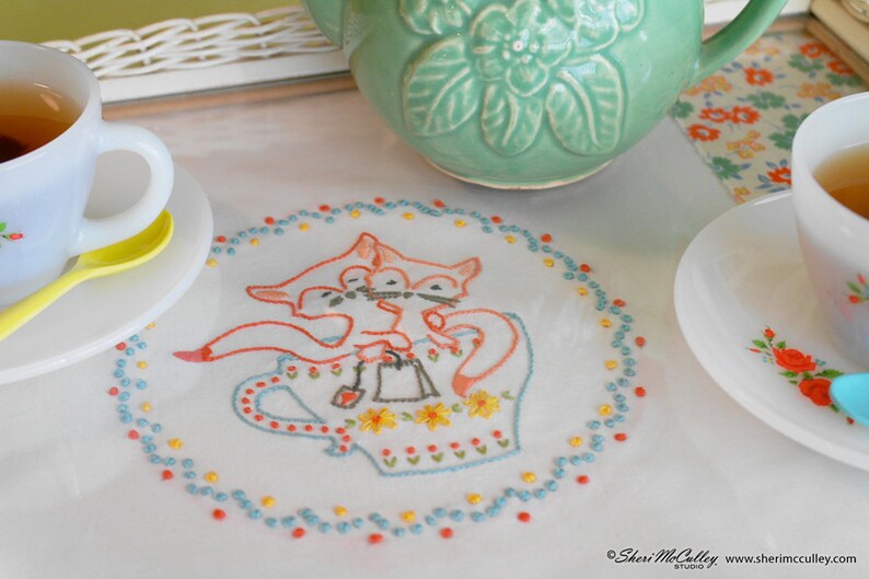 Foxes, Teacup, Tea, Embroidery Pattern PDF Tea For Two Foxes in a Teacup image 2